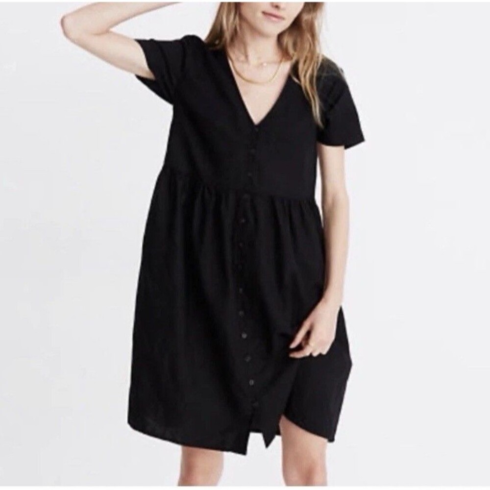 Madewell Linen-Blend Alexandra Button-Front Mini Dress V neck black AL713 size M